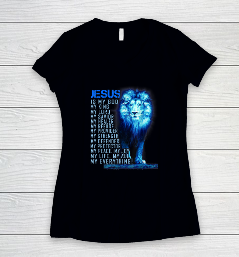 Jesus Is My God King My Lord My Savior Blue Lion Christian Women's V-Neck T-Shirt