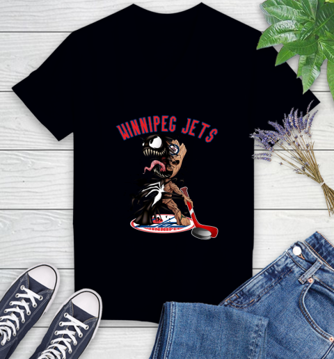 NHL Winnipeg Jets Hockey Venom Groot Guardians Of The Galaxy Women's V-Neck T-Shirt 2
