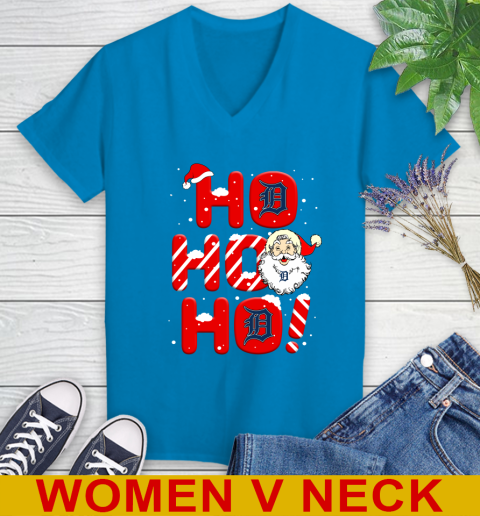 Detroit Tigers MLB Baseball Ho Ho Ho Santa Claus Merry Christmas Shirt Women's V-Neck T-Shirt 7