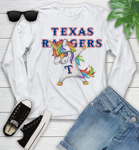 Texas Rangers MLB Baseball Funny Unicorn Dabbing Sports Youth Long Sleeve