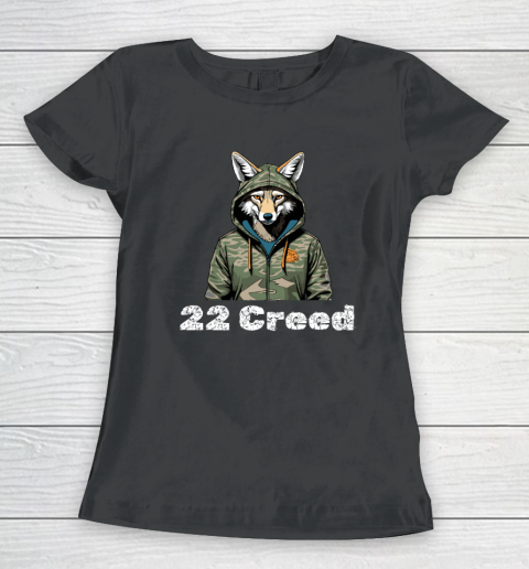 Coyote in Hood 22 Creed Graphic Hunting Women's T-Shirt