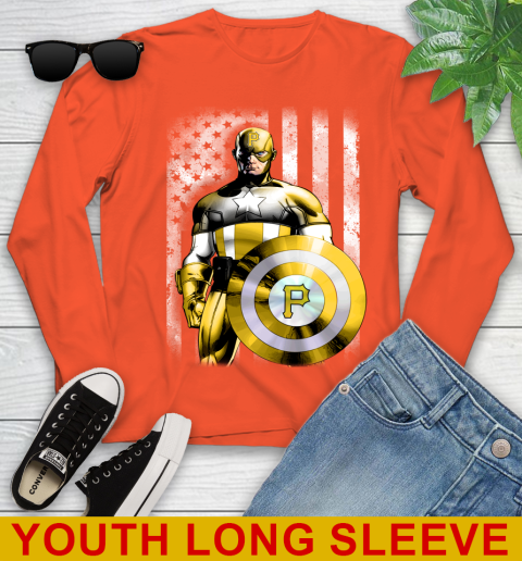 Pittsburgh Pirates MLB Baseball Captain America Marvel Avengers American Flag Shirt Youth Long Sleeve 3