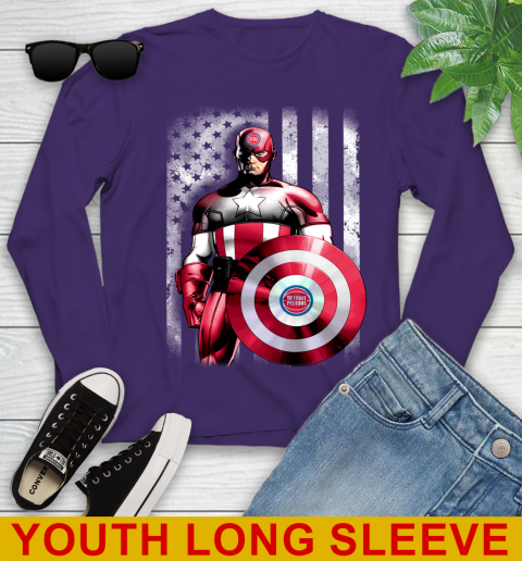 Detroit Pistons NBA Basketball Captain America Marvel Avengers American Flag Shirt Youth Long Sleeve 4