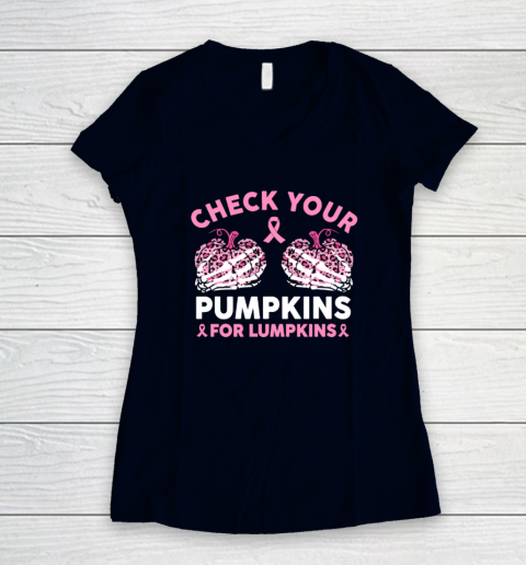 Check Your Pumpkins Breast Cancer Awareness Halloween Women's V-Neck T-Shirt 2