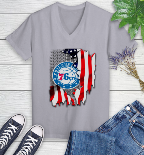 Philadelphia 76ers NBA Basketball American Flag Women's V-Neck T-Shirt 4