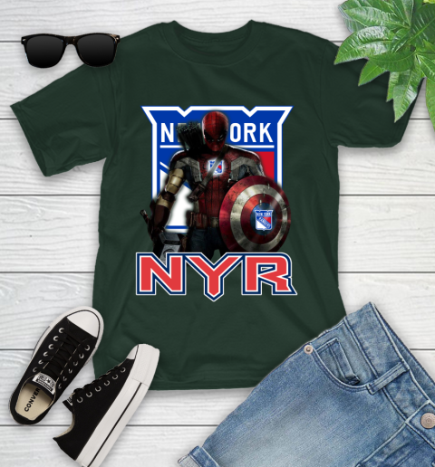 NHL Captain America Thor Spider Man Hawkeye Avengers Endgame Hockey New York Rangers Youth T-Shirt 5