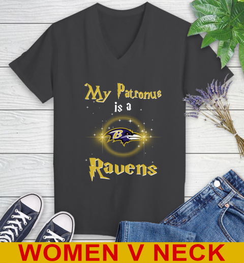 NFL Football Harry Potter My Patronus Is A Baltimore Ravens Women's V-Neck T-Shirt 8