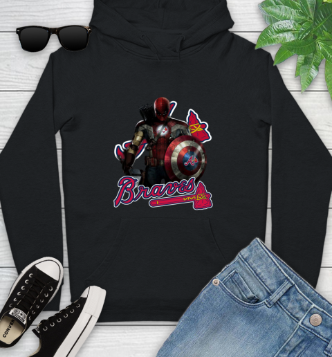 MLB Captain America Thor Spider Man Hawkeye Avengers Endgame Baseball Atlanta Braves Youth Hoodie 2