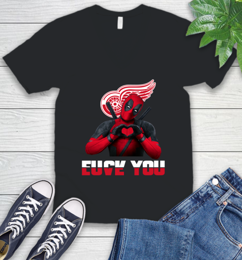 NHL Detroit Red Wings Deadpool Love You Fuck You Hockey Sports V-Neck T-Shirt