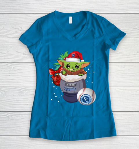 Kansas City Royals Christmas Baby Yoda Star Wars Funny Happy MLB Women's V-Neck T-Shirt 7
