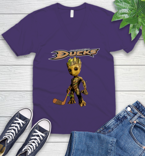 Anaheim Ducks NHL Hockey Groot Marvel Guardians Of The Galaxy V-Neck T-Shirt 10