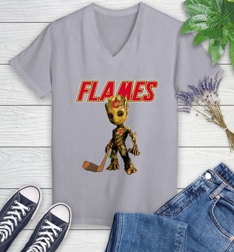 Calgary Flames NHL Hockey Groot Marvel Guardians Of The Galaxy Women's V-Neck T-Shirt 4