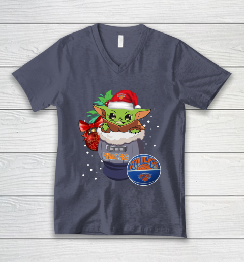 New York Knicks Christmas Baby Yoda Star Wars Funny Happy NBA V-Neck T-Shirt 8