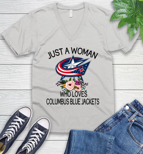 NHL Just A Woman Who Loves Columbus Blue Jackets Hockey Sports V-Neck T-Shirt