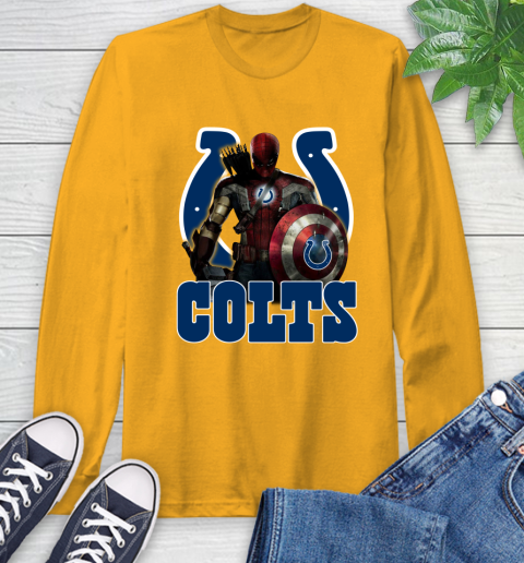 NFL Captain America Thor Spider Man Hawkeye Avengers Endgame Football Indianapolis Colts Long Sleeve T-Shirt 3
