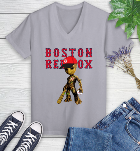 MLB Boston Red Sox Groot Guardians Of The Galaxy Baseball Women's V-Neck T-Shirt 4