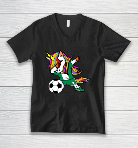 Funny Dabbing Unicorn Nigeria Football Nigerian Flag Soccer V-Neck T-Shirt