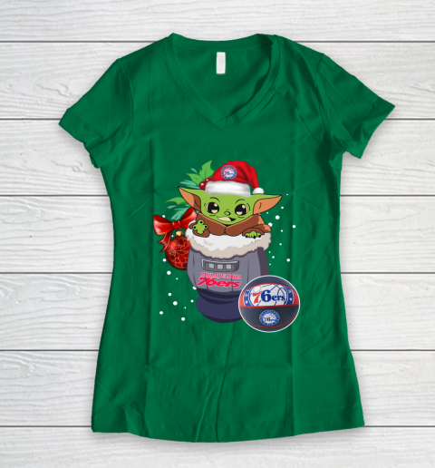 Philadelphia 76ers Christmas Baby Yoda Star Wars Funny Happy NBA Women's V-Neck T-Shirt 5