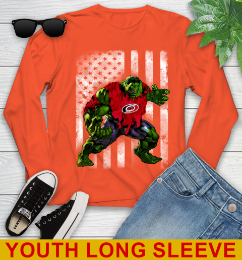 Carolina Hurricanes Hulk Marvel Avengers NHL Hockey American Flag Youth Long Sleeve 3