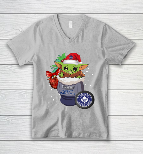 Toronto Maple Leafs Christmas Baby Yoda Star Wars Funny Happy NHL V-Neck T-Shirt 4