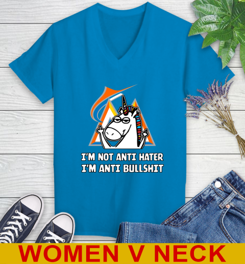 Miami Marlins MLB Baseball Unicorn I'm Not Anti Hater I'm Anti Bullshit Women's V-Neck T-Shirt 8