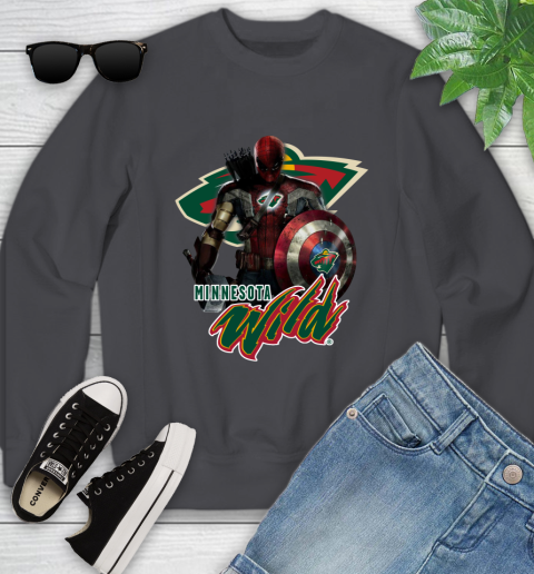 NHL Captain America Thor Spider Man Hawkeye Avengers Endgame Hockey Minnesota Wild Youth Sweatshirt 6