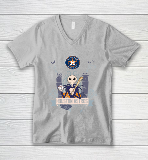 MLB Houston Astros Baseball Jack Skellington Halloween V-Neck T-Shirt 3