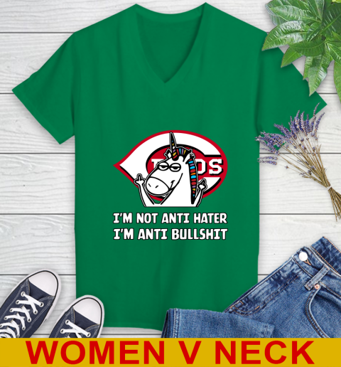 Cincinnati Reds MLB Baseball Unicorn I'm Not Anti Hater I'm Anti Bullshit Women's V-Neck T-Shirt 6