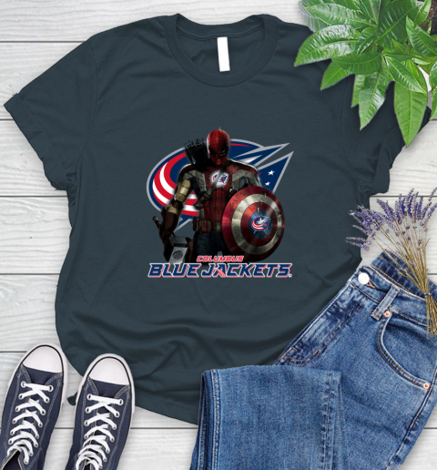 NHL Captain America Thor Spider Man Hawkeye Avengers Endgame Hockey Columbus Blue Jackets Women's T-Shirt 8