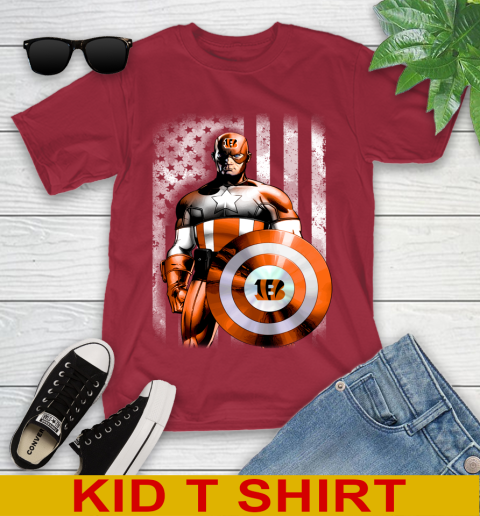 Cincinnati Bengals NFL Football Captain America Marvel Avengers American Flag Shirt Youth T-Shirt 12