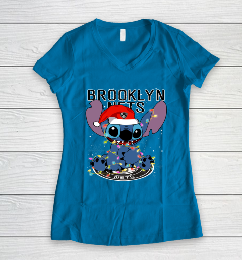 Brooklyn Nets NBA noel stitch Basketball Christmas Women's V-Neck T-Shirt 4