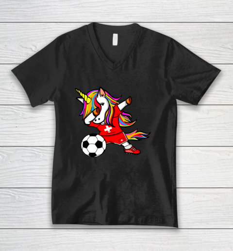 Dabbing Unicorn Switzerland Football Swiss Flag Soccer V-Neck T-Shirt