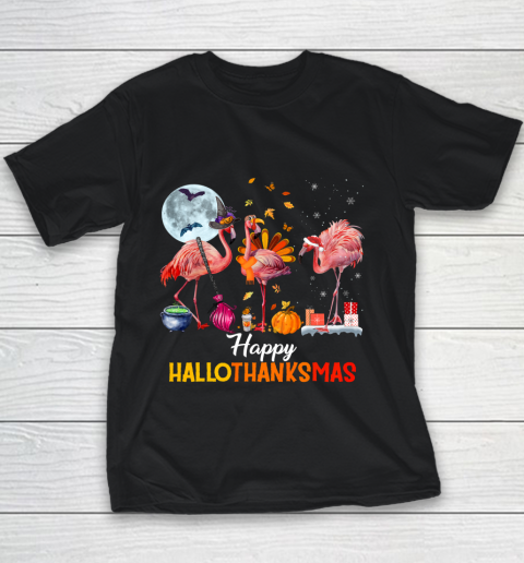 Flamingo Halloween And Merry Christmas Happy Hallothanksmas Youth T-Shirt
