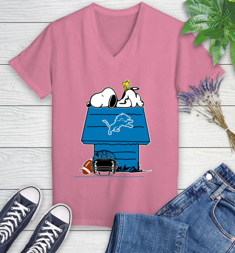 Detroit Lions NFL Football Snoopy Woodstock The Peanuts Movie Women's V-Neck T-Shirt 13