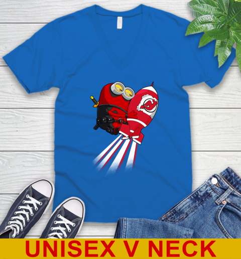 NHL Hockey New Jersey Devils Deadpool Minion Marvel Shirt V-Neck T-Shirt 6 NHL Hockey New Jersey Devils Deadpool Minion Marvel Shirt V-Neck T-Shirt - Image 6