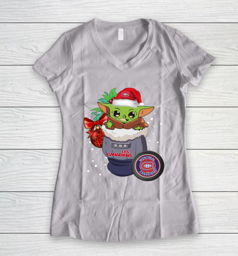 Montreal Canadiens Christmas Baby Yoda Star Wars Funny Happy NHL Women's V-Neck T-Shirt 3 Montreal Canadiens Christmas Baby Yoda Star Wars Funny Happy NHL Women's V-Neck T-Shirt - Image 3