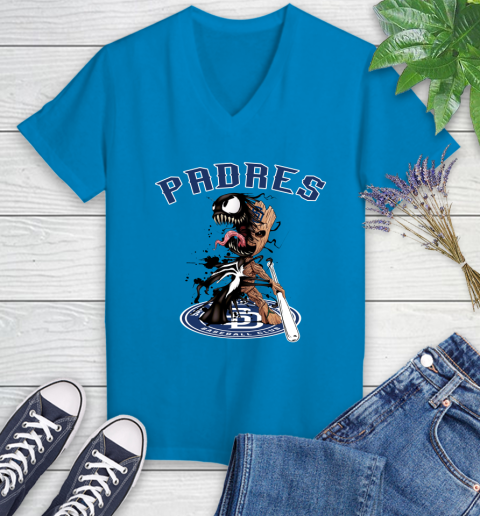 MLB San Diego Padres Baseball Venom Groot Guardians Of The Galaxy Women's V-Neck T-Shirt 7