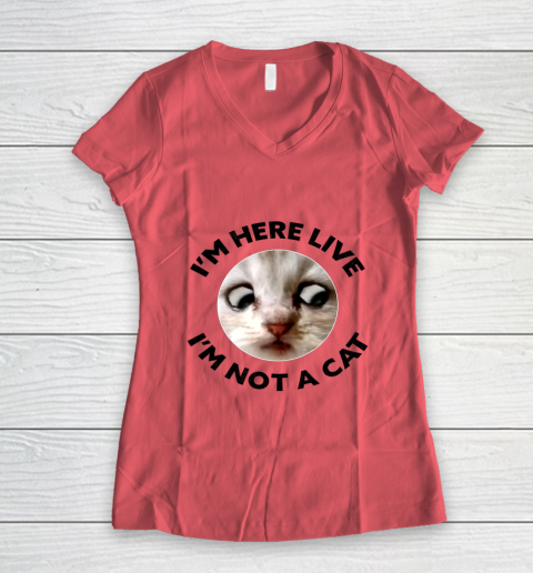 I m Here Live I m Not a Cat Zoom Cat Meme Humor Gifts Women's V-Neck T-Shirt 3
