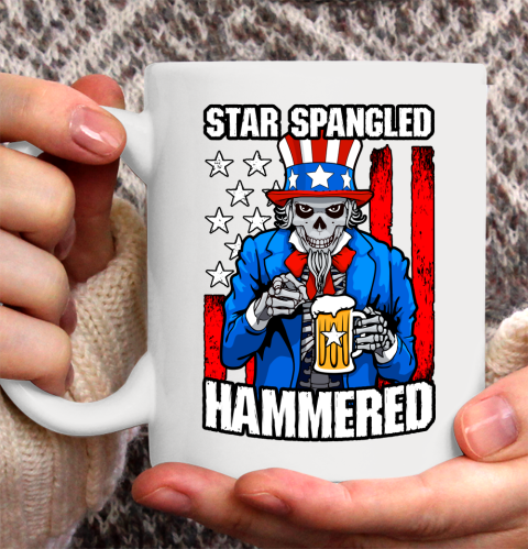Beer Lover Funny Shirt Star Spangled Hammered 4th Of July Uncle Sam Skull USA Flag Ceramic Mug 11oz