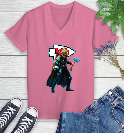 NFL Thor Avengers Endgame Football Kansas City Chiefs Women's V-Neck T-Shirt 13