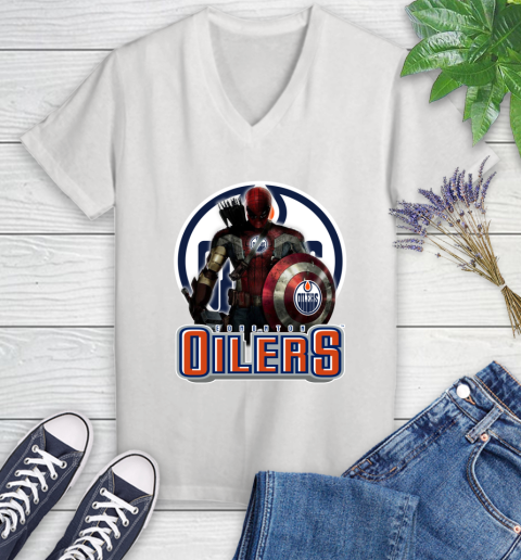 NHL Captain America Thor Spider Man Hawkeye Avengers Endgame Hockey Edmonton Oilers Women's V-Neck T-Shirt