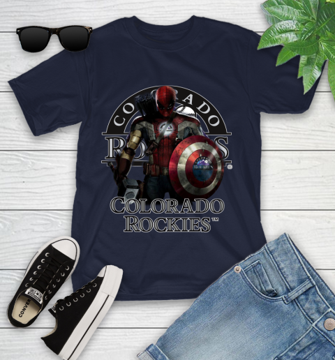 MLB Captain America Thor Spider Man Hawkeye Avengers Endgame Baseball Colorado Rockies Youth T-Shirt 3