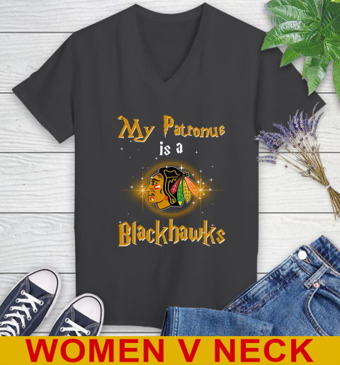 NHL Hockey Harry Potter My Patronus Is A Chicago Blackhawks Women's V-Neck T-Shirt 8