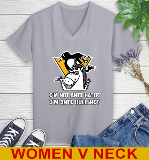 Pittsburgh Penguins NHL Hockey Unicorn I'm Not Anti Hater I'm Anti Bullshit Women's V-Neck T-Shirt 5