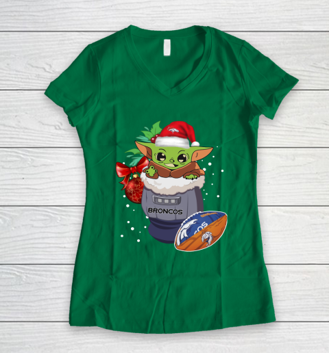 Denver Broncos Christmas Baby Yoda Star Wars Funny Happy NFL Women's V-Neck T-Shirt 5
