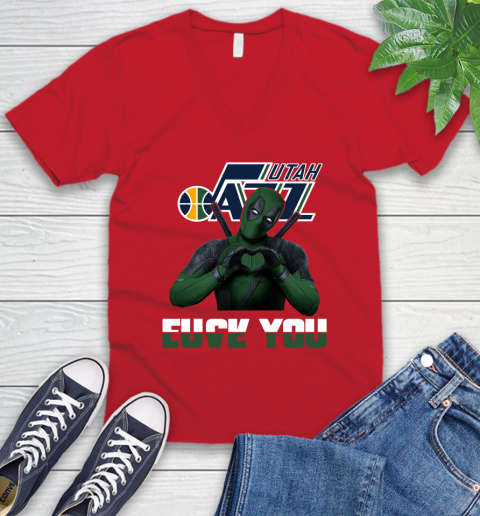 NBA Utah Jazz Deadpool Love You Fuck You Basketball Sports V-Neck T-Shirt 6