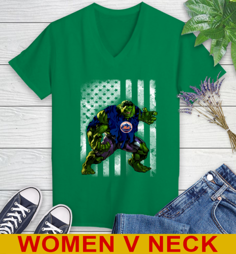 New York Mets Hulk Marvel Avengers MLB Baseball American Flag Women's V-Neck T-Shirt 5