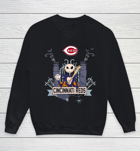 MLB Cincinnati Reds Baseball Jack Skellington Halloween Youth Sweatshirt