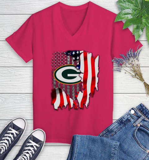 Green Bay Packers NFL Football American Flag Women's V-Neck T-Shirt 9