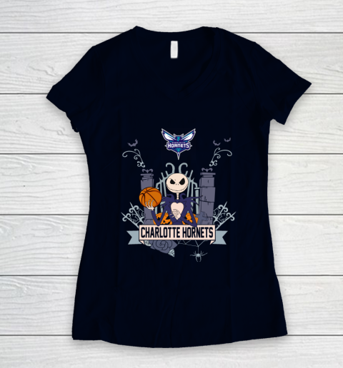 NBA Charlotte Hornets Basketball Jack Skellington Halloween Women's V-Neck T-Shirt 2